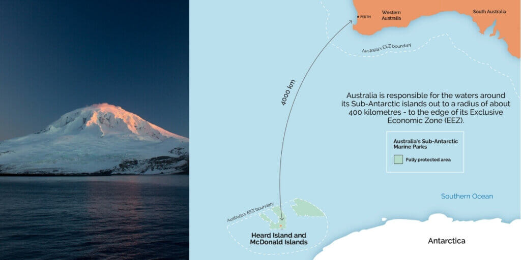 Australia's largest active volcano, Big Ben, on Heard Island and a map of Heard and McDonald Islands.