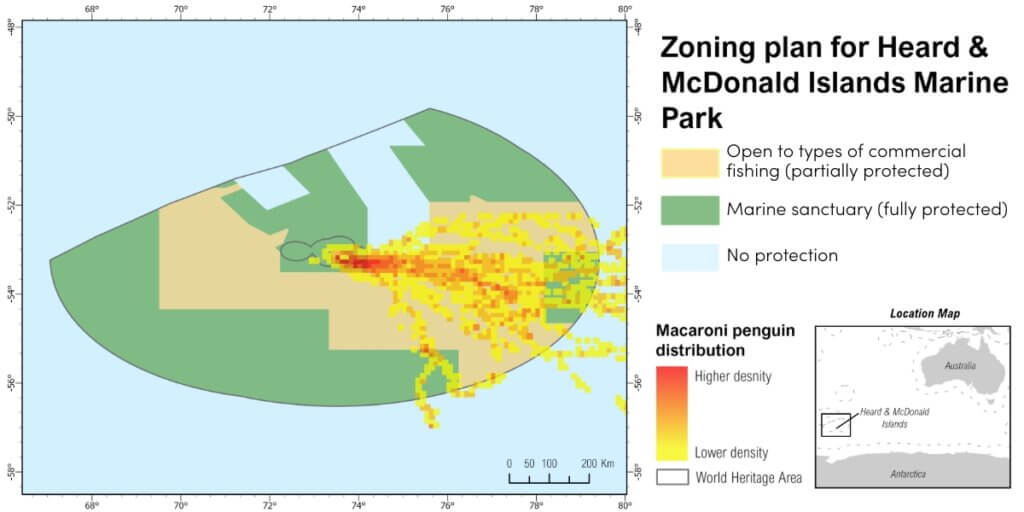 Satellite tracking of macaroni penguins overlaid over the Australian government’s new proposal for the Heard and McDonald Islands Marine Park. The tracking reveals almost all of the macaroni penguins’ foraging areas remain outside of marine sanctuary protection (green areas).