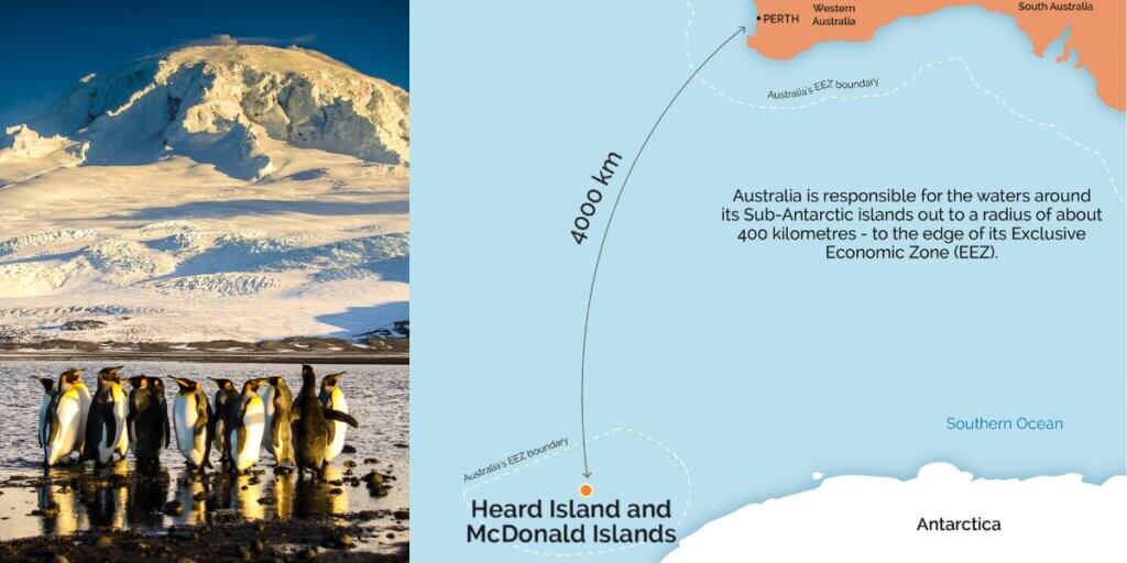 Heard and McDonald Islands map with king penguins and the Big Ben volcano.